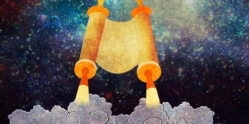 Illustration of a Torah scroll rocketing skywards