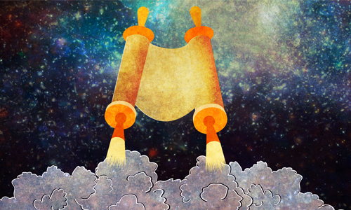 Illustration of a Torah scroll rocketing skywards